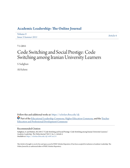 Code Switching and Social Prestige: Code Switching Among Iranian University Learners S