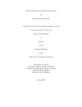 Wackernagel's Law in Fifth-Century Greek by David Michael Goldstein