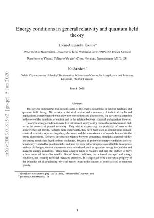 Energy Conditions in General Relativity and Quantum Field Theory Arxiv:2003.01815V2 [Gr-Qc] 5 Jun 2020
