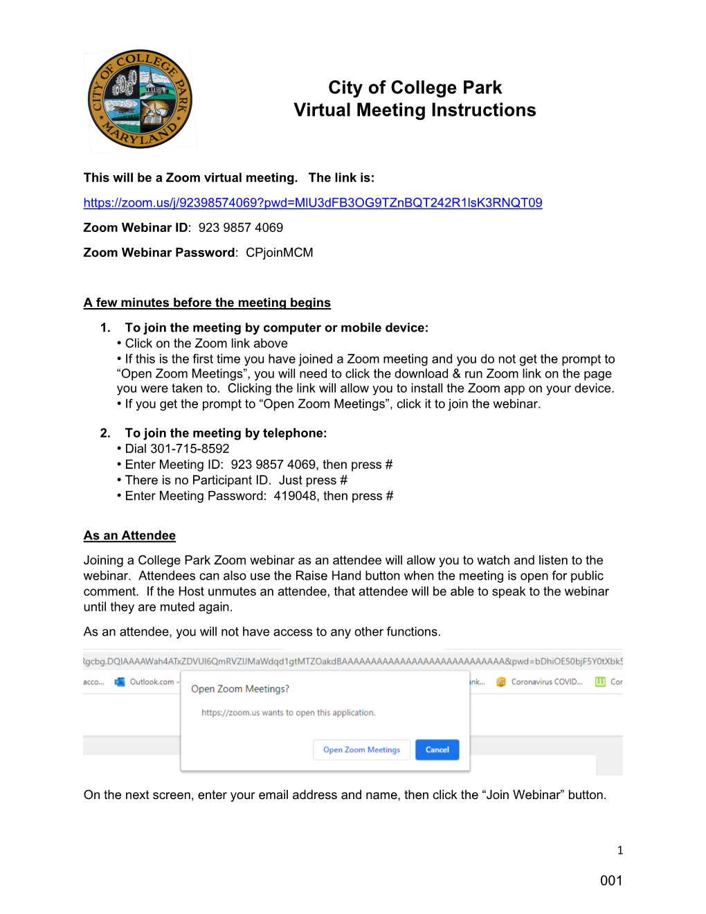 City of College Park Virtual Meeting Instructions