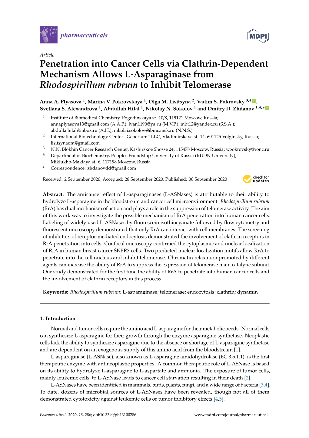 Penetration Into Cancer Cells Via Clathrin-Dependent Mechanism Allows L-Asparaginase from Rhodospirillum Rubrum to Inhibit Telomerase