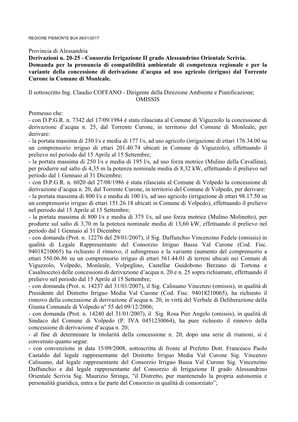 Provincia Di Alessandria Derivazioni N. 20-25 - Consorzio Irrigazione II Grado Alessandrino Orientale Scrivia