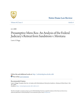 Presumptive Mens Rea: an Analysis of the Federal Judiciary's Retreat from Sandstrom V