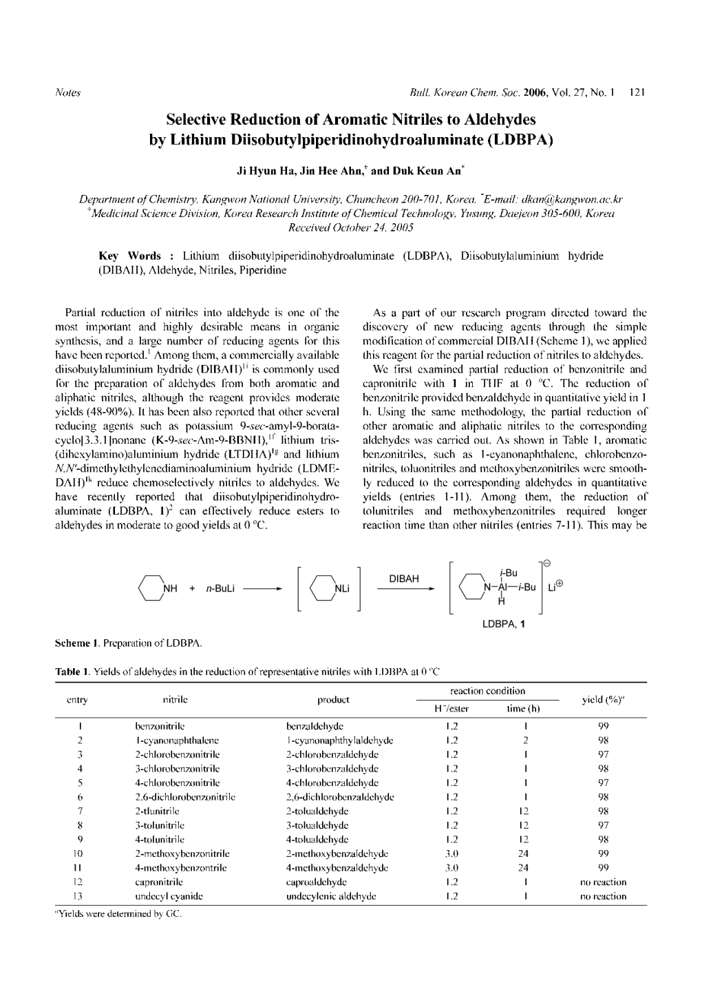 Selective Reduction of Aromatic Nitriles to Aldehydes by Lithium Diisobutylpiperidinohydroaluminate (LDBPA)