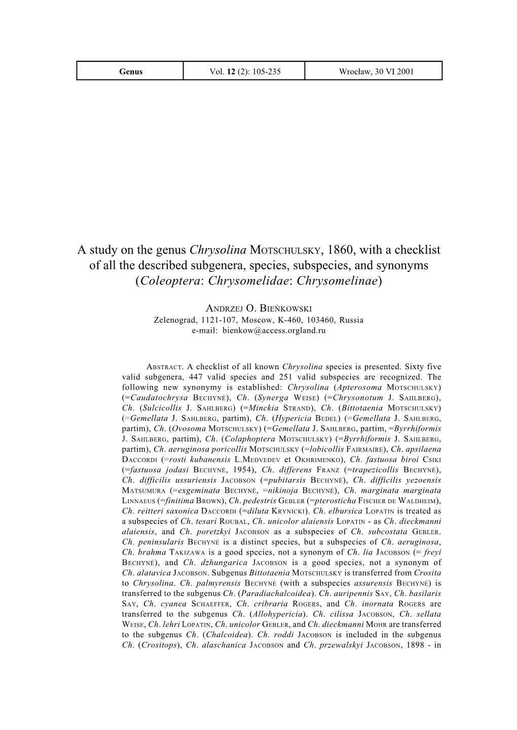 A Study on the Genus Chrysolina MOTSCHULSKY, 1860, with A