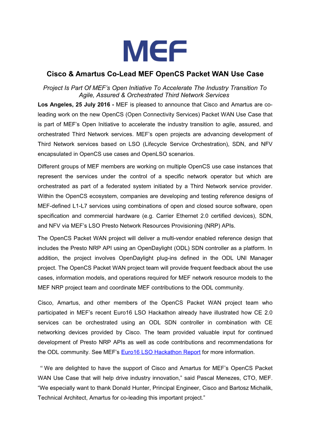 Cisco & Amartus Co-Lead MEF Opencs Packet WAN Use Case