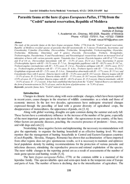 Parasitic Fauna at the Hare (Lepus Europaeus Pallas, 1778)From the "Codrii" Natural Reservation, Republic of Moldova