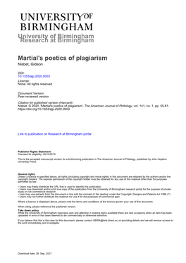 University of Birmingham Martial's Poetics of Plagiarism
