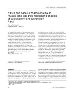 Active and Passive Characteristics of Muscle Tone and Their Relationship Models of Subluxation/Joint Dysfunction Part I
