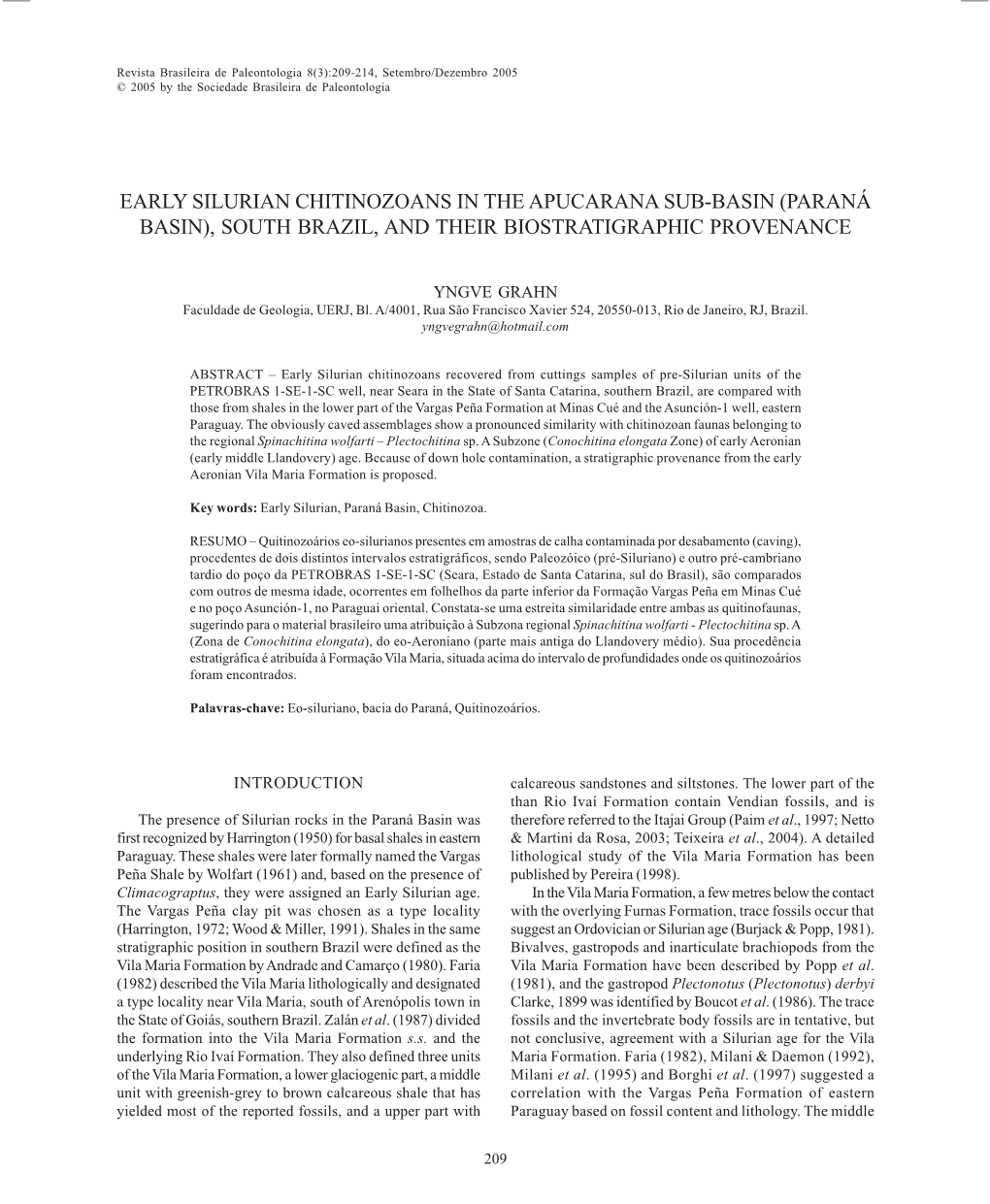 Early Silurian Chitinozoans in the Apucarana Sub-Basin (Paraná Basin), South Brazil, and Their Biostratigraphic Provenance