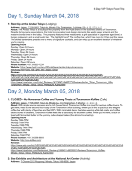 Day 1, Sunday March 04, 2018 Day 2, Monday March 05, 2018