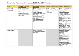 The Following Pharmacies Will Be Open on 25, 26, 27 and 28Th December