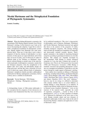 Nicolai Hartmann and the Metaphysical Foundation of Phylogenetic Systematics