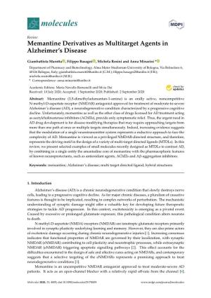 Memantine Derivatives As Multitarget Agents in Alzheimer's Disease