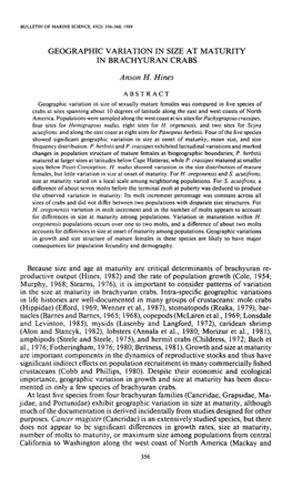 Geographic Varia Tion in Size at Maturity in Brachyuran Crabs