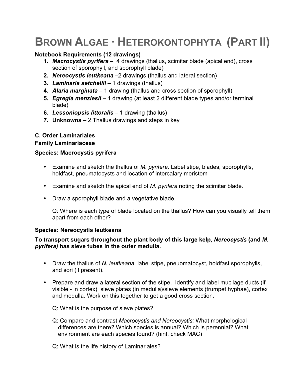 BROWN ALGAE · HETEROKONTOPHYTA (PART II) Notebook Requirements (12 Drawings) 1