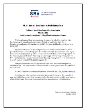 SBA Table of Small Business Size Standards