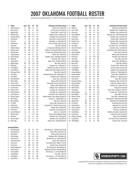 2007 OKLAHOMA FOOTBALL ROSTER Spring Roster Updated March 15, 2007