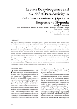 Lactate Dehydrogenase and Na+/K+ Atpase Activity in Leiostomus Xanthurus (Spot) in Response to Hypoxia Betsy E
