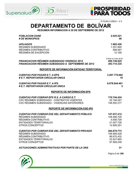 Departamento De Bolívar Resumen Informacion a 30 De Septiembre De 2012