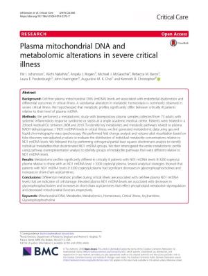 Plasma Mitochondrial DNA and Metabolomic Alterations in Severe Critical Illness Pär I