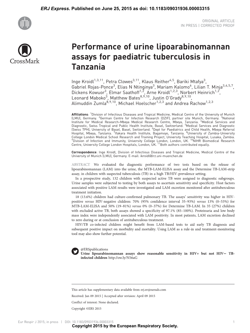 Performance of Urine Lipoarabinomannan Assays for Paediatric Tuberculosis in Tanzania