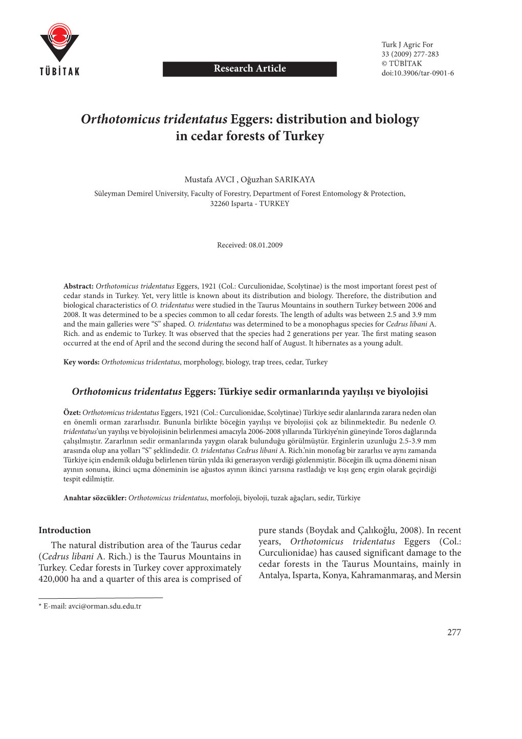 Orthotomicus Tridentatus Eggers: Distribution and Biology in Cedar Forests of Turkey