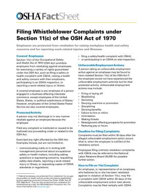 Filing Whistleblower Complaints Under Section 11(C) of the OSH Act of 1970