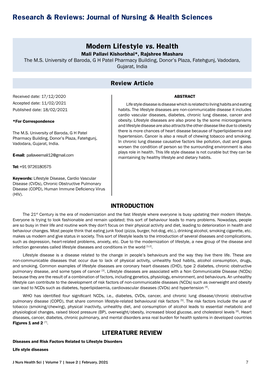 Modern Lifestyle Vs. Health Mali Pallavi Kishorbhai*, Rajshree Masharu the M.S