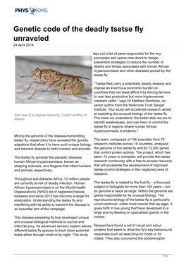 Genetic Code of the Deadly Tsetse Fly Unraveled 24 April 2014