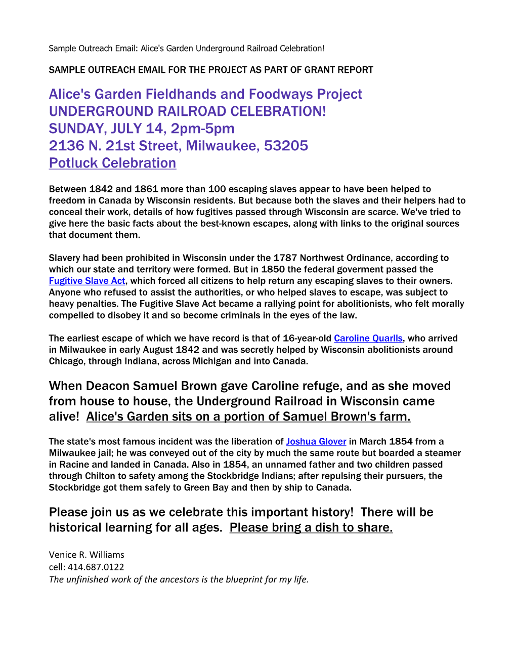 Alice's Garden Underground Railroad Celebration!