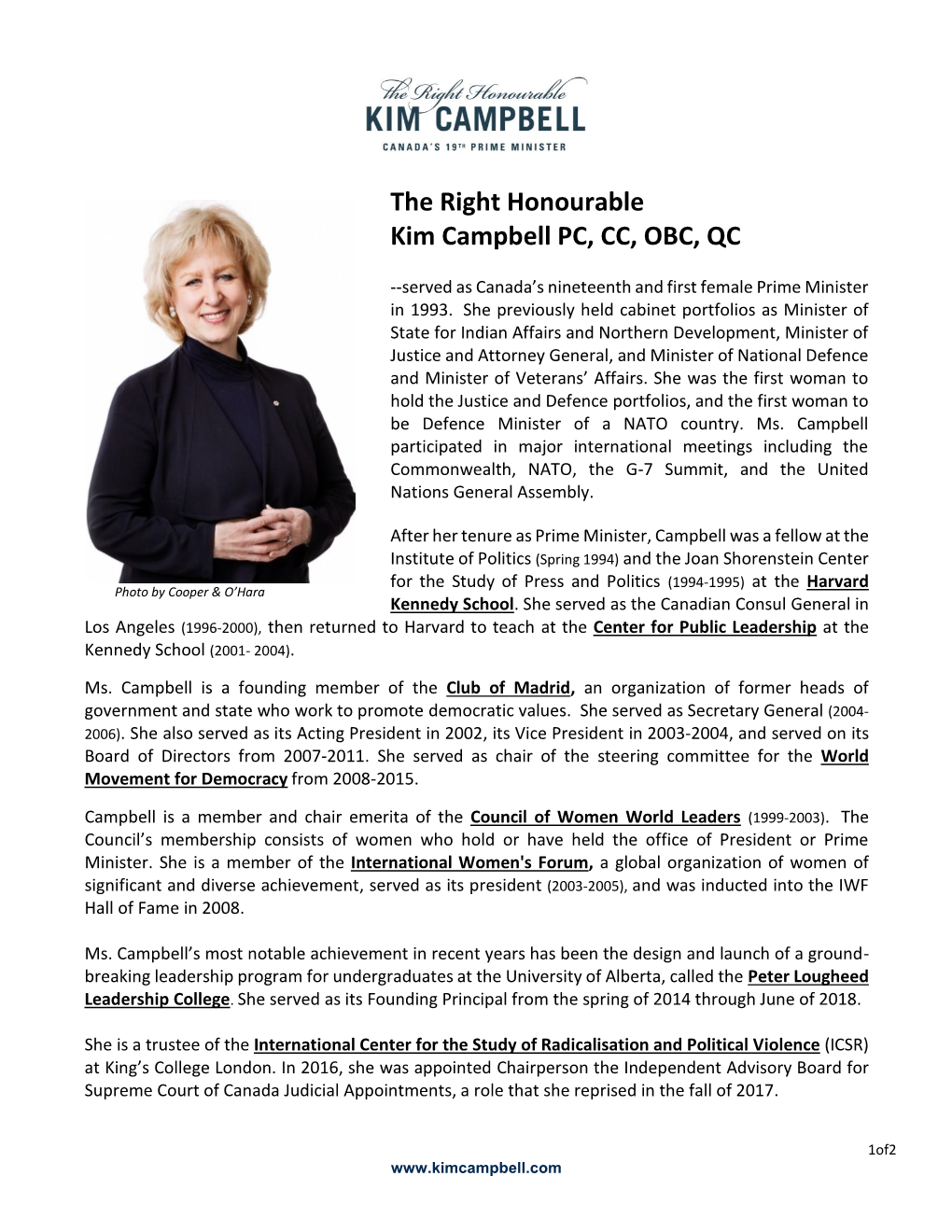 The Right Honourable Kim Campbell, P