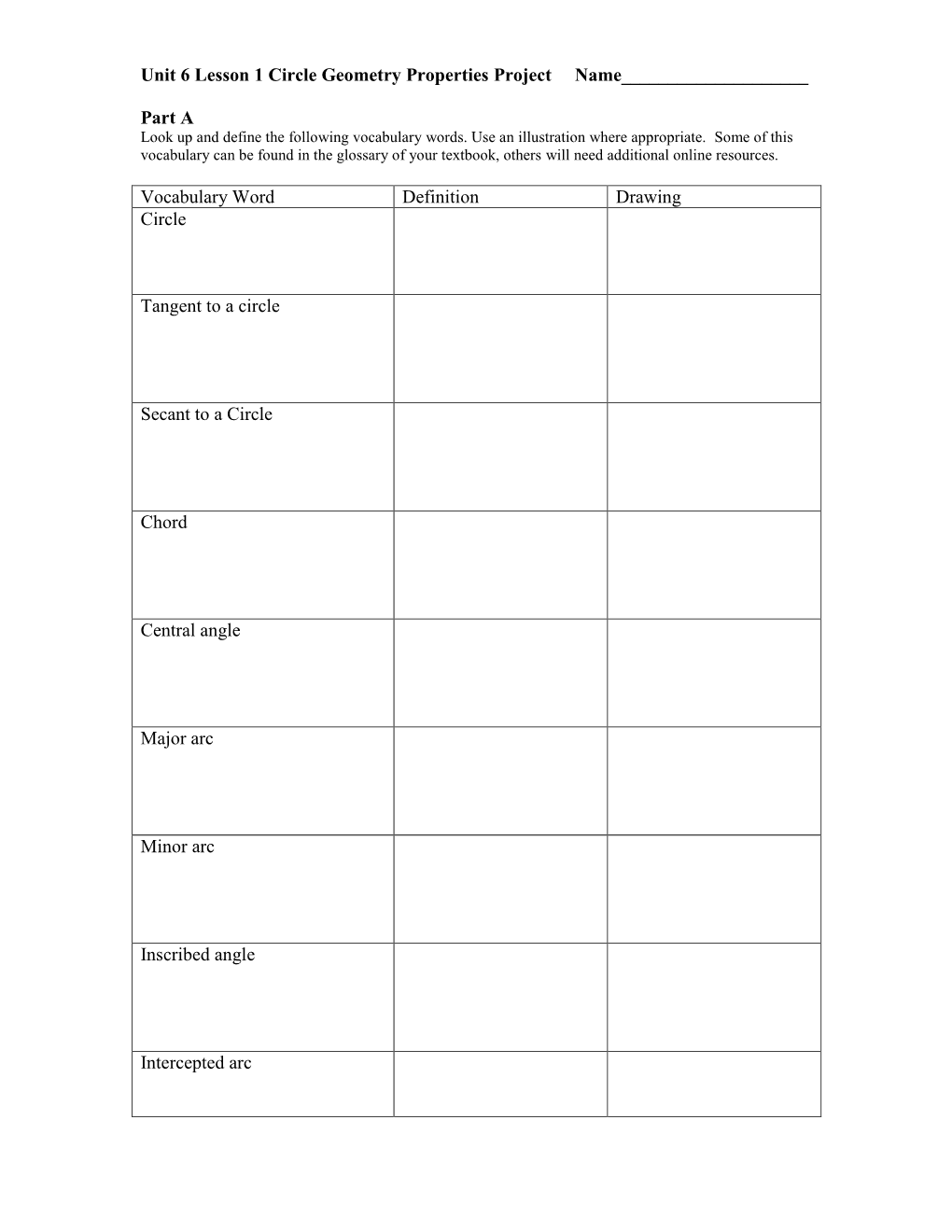 Unit 6 Lesson 1 Circle Geometry Properties Project Name______