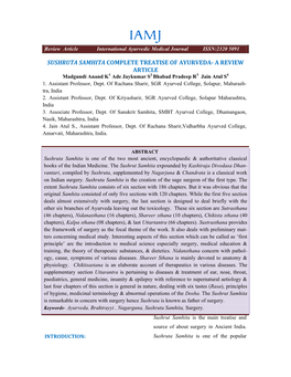 SUSHRUTA SAMHITA COMPLETE TREATISE of AYURVEDA- a REVIEW ARTICLE Madgundi Anand K1 Ade Jaykumar S2 Bhabad Pradeep R3 Jain Atul S4 1