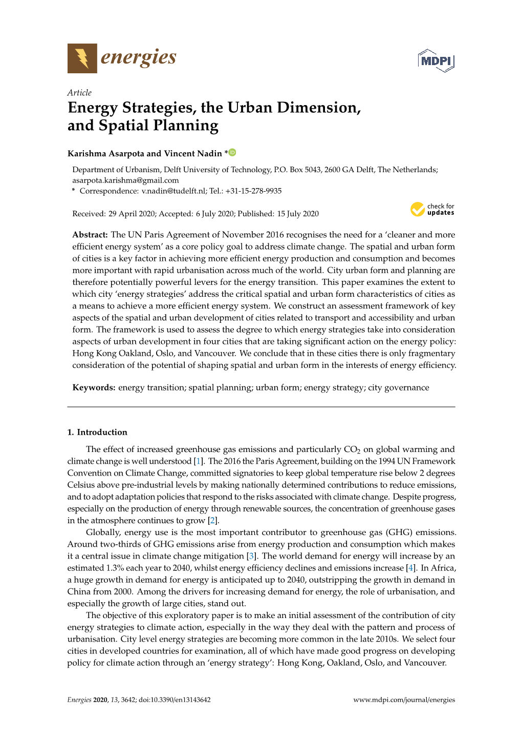 Energy Strategies, the Urban Dimension, and Spatial Planning