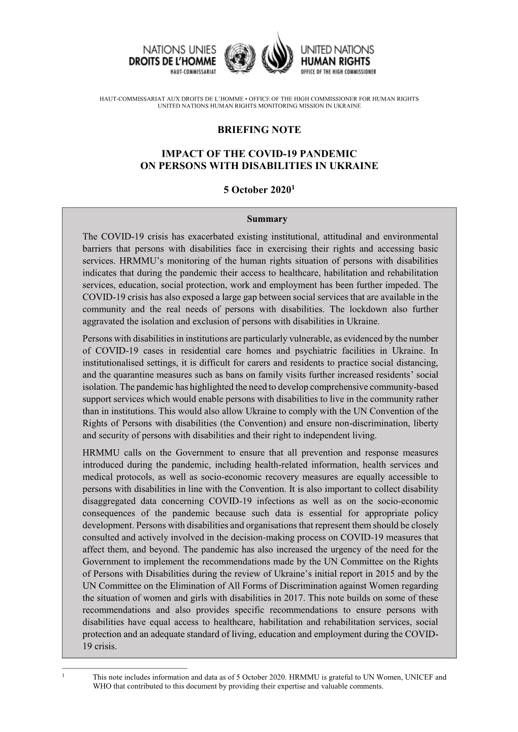 BRIEFING NOTE IMPACT of the COVID-19 PANDEMIC on PERSONS with DISABILITIES in UKRAINE 5 October 20201