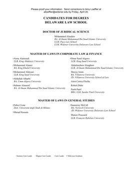Candidates for Degrees Delaware Law School