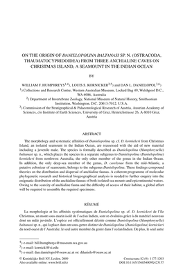 On the Origin of Danielopolina Baltanasi Sp. N. (Ostracoda, Thaumatocypridoidea) from Three Anchialine Caves on Christmas Island, a Seamount in the Indian Ocean