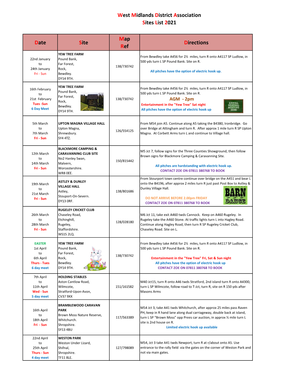 West Midlands District Association Sites List 2021 Date Site Map Ref