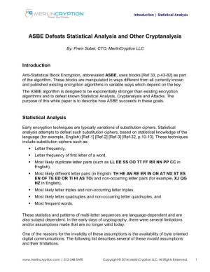 ASBE Defeats Statistical Analysis and Other Cryptanalysis