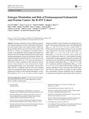 Estrogen Metabolism and Risk of Postmenopausal Endometrial and Ovarian Cancer: the B∼FIT Cohort