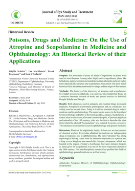 Poisons, Drugs and Medicine: on the Use of Atropine and Scopolamine in Medicine and Ophthalmology: an Historical Review of Their Applications