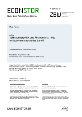 Verbraucherpolitik Und Finanzmarkt: Neue Institutionen Braucht Das Land?