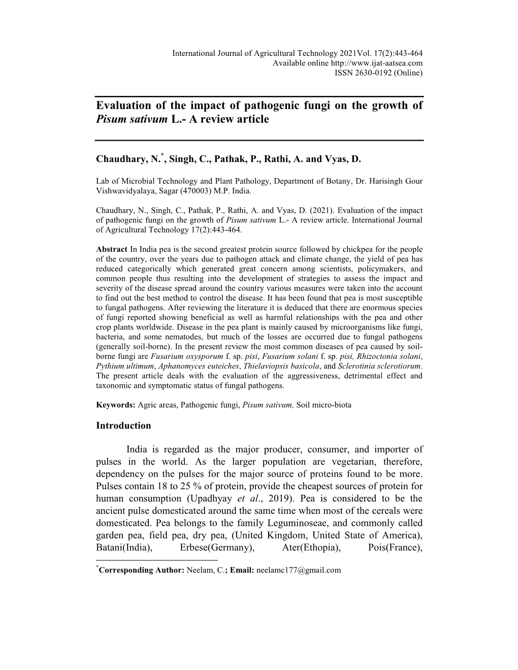 Evaluation of the Impact of Pathogenic Fungi on the Growth of Pisum Sativum L.- a Review Article