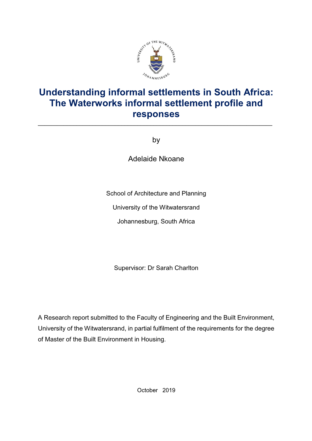 Understanding Informal Settlements in South Africa: the Waterworks Informal Settlement Profile and Responses ______