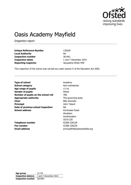 Oasis Academy Mayfield Inspection Report