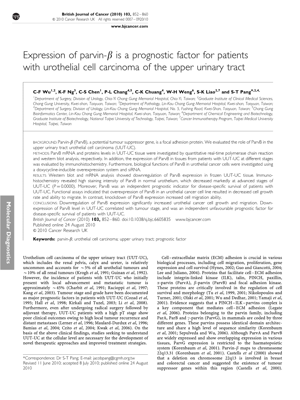 Expression of Parvin-Β Is a Prognostic Factor for Patients with Urothelial Cell