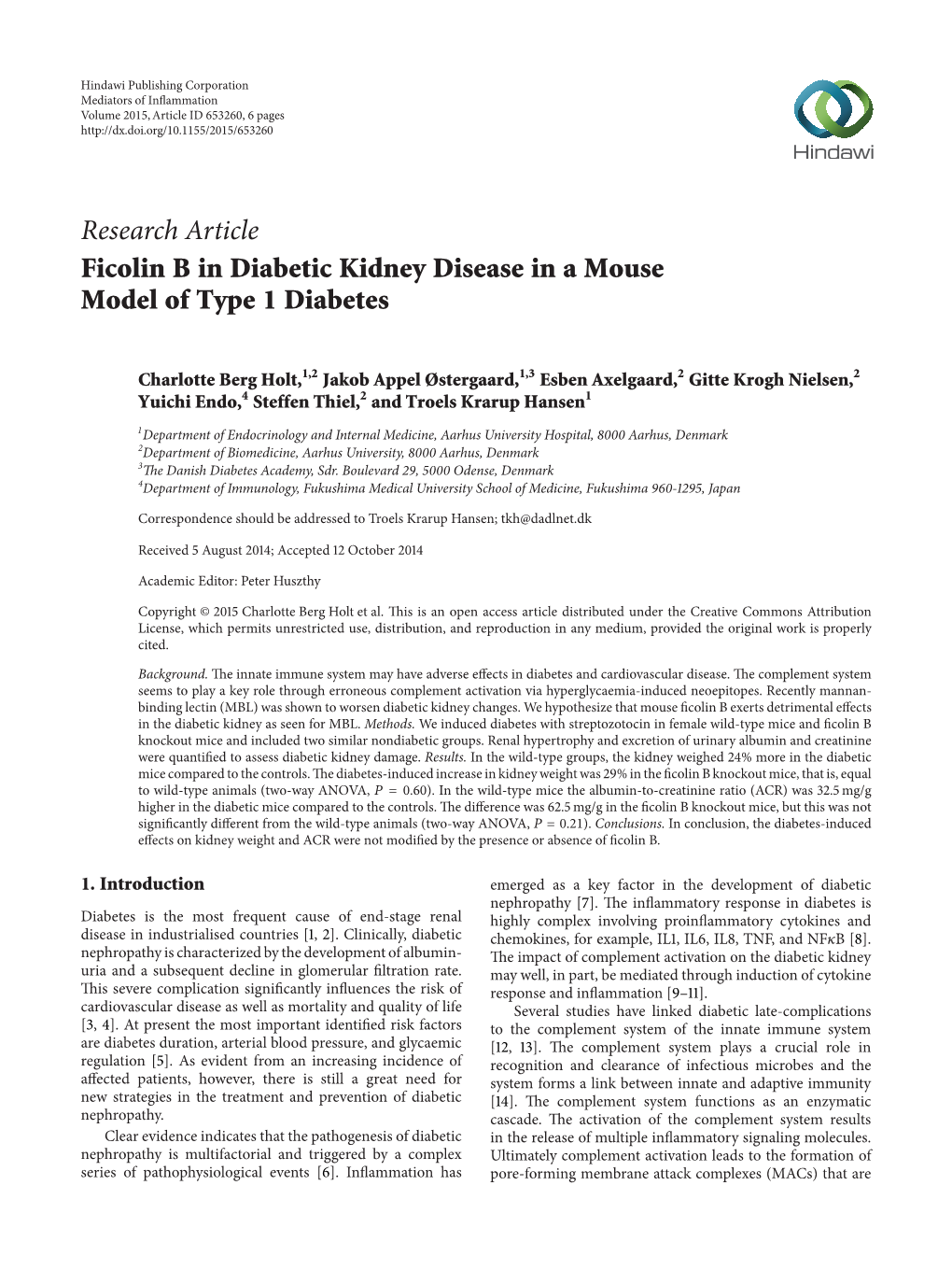 Ficolin B in Diabetic Kidney Disease in a Mouse Model of Type 1 Diabetes