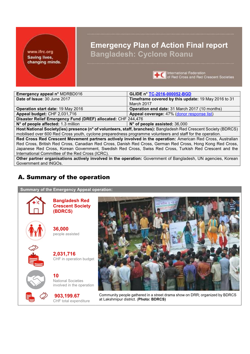 Emergency Plan of Action Final Report Bangladesh: Cyclone Roanu