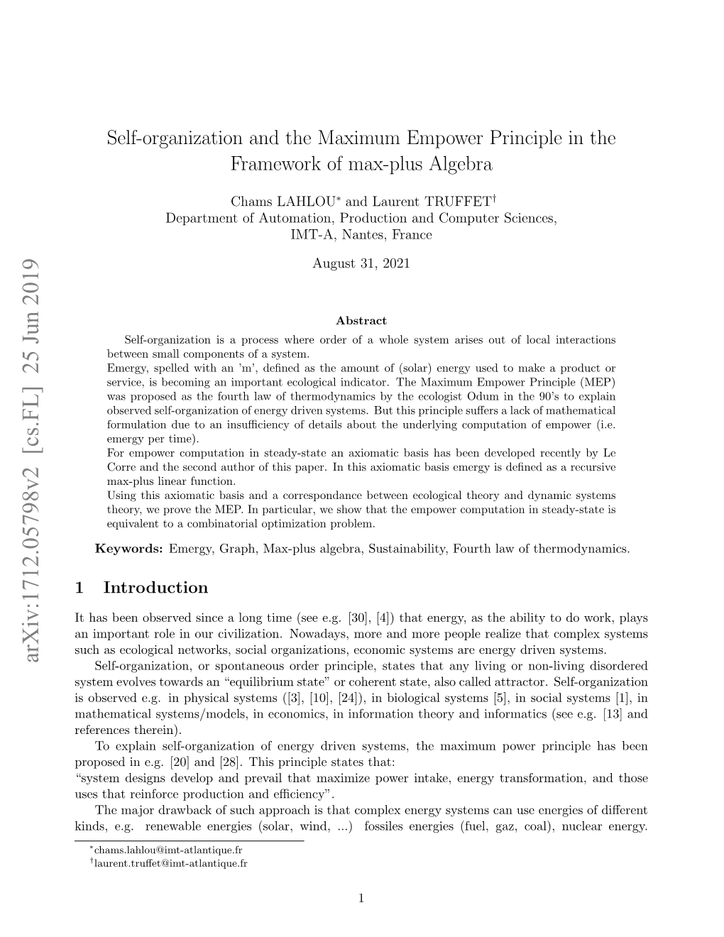 Self-Organization and the Maximum Empower Principle in the Framework of Max-Plus Algebra